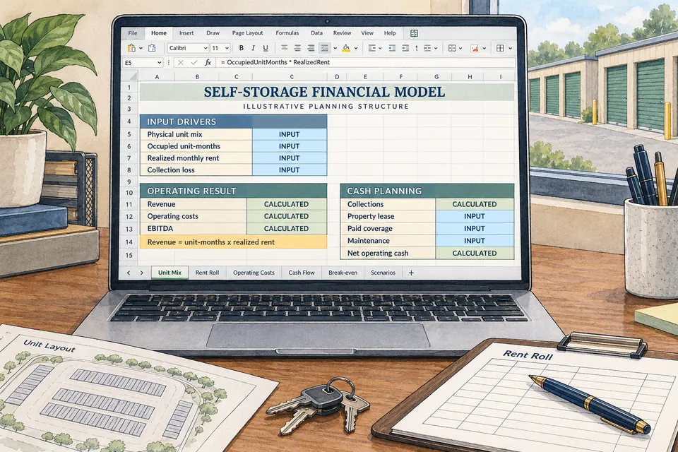 Conceptual editable Self-Storage Facility financial workbook connecting physical unit mix, occupied unit-months, realized rent and collection loss with operating results and cash planning; input and calculated cells show no claimed financial amounts.