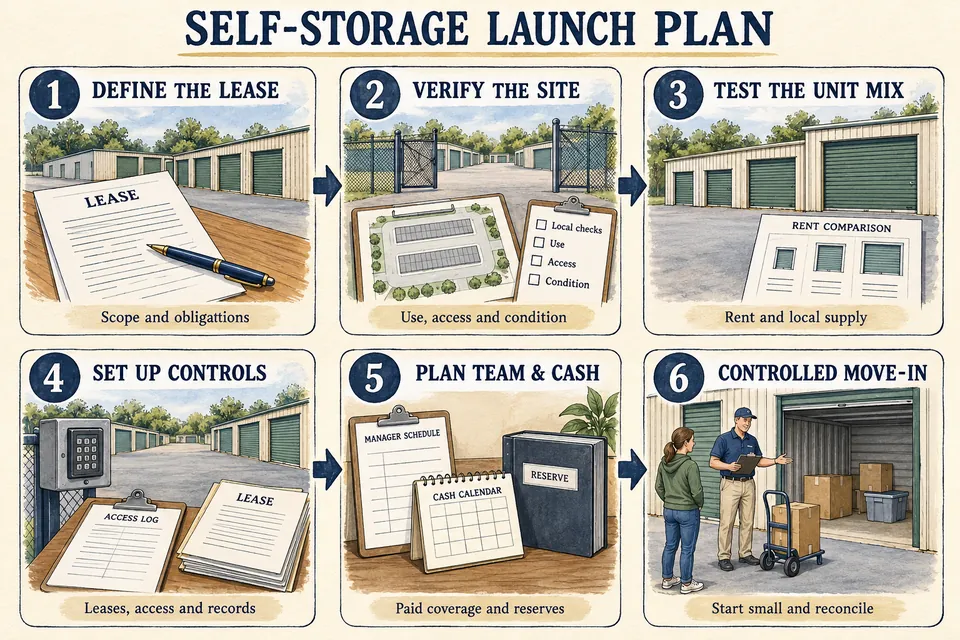 Six-step Self-Storage Facility launch map for defining the existing lease, verifying the site, testing the unit mix, setting up records and access, planning paid coverage and cash, and a controlled move-in.