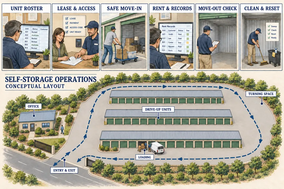 Conceptual Self-Storage Facility operations illustration showing the unit roster, lease and access setup, safe move-in, rent records, move-out checks and cleaning, above a site diagram with open-gate circulation, loading space and a clear turning lane.