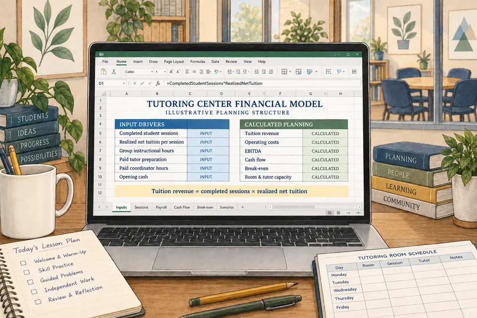 Conceptual editable Tutoring Center financial workbook connecting completed student sessions, realized net tuition, group instructional hours, paid tutor preparation, coordinator hours and opening cash with financial and capacity planning; input and calculated cells show no claimed financial amounts.