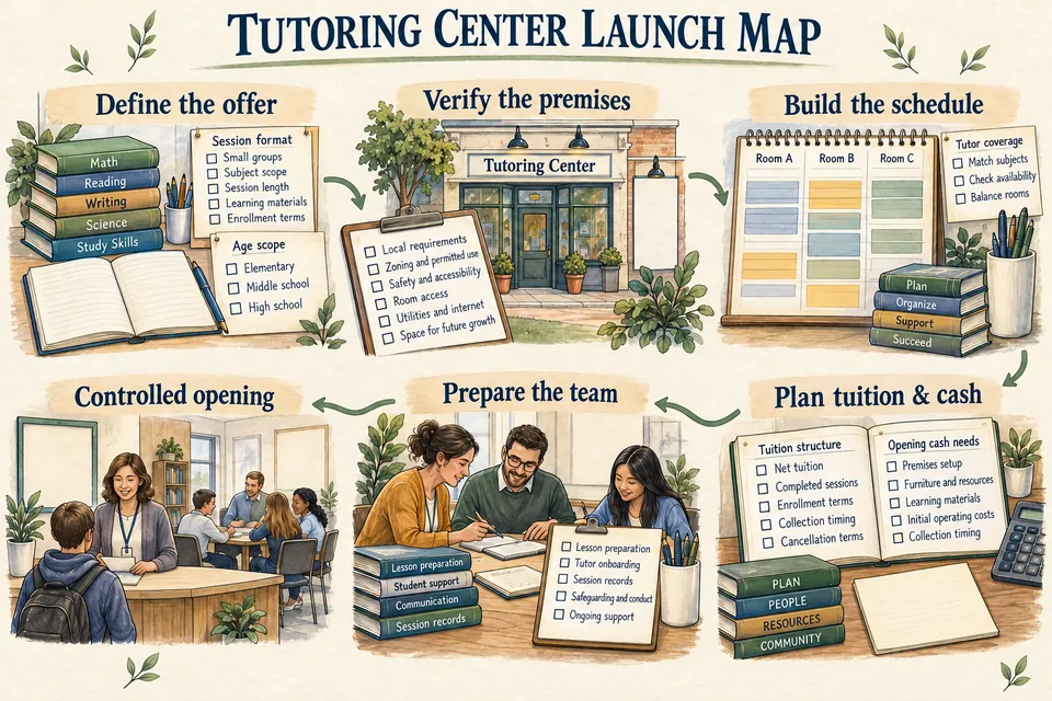 Six-stage Tutoring Center launch map covering the small-group offer, premises and local requirement checks, room and tutor scheduling, tuition and opening cash, team preparation, and a controlled opening; blank checkboxes identify planning decisions.