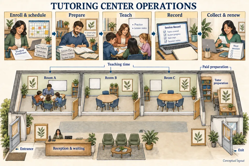 Conceptual Tutoring Center operations diagram linking enrollment and scheduling, paid preparation, teaching, session records, collections and renewal above three teaching rooms, a staff preparation area, separate reception and waiting, and a clear entrance-to-exit circulation route.