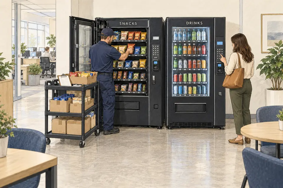 Ink-and-watercolor illustration of an indoor snack-and-drink vending location, with an operator replenishing the open snack machine from a stock cart, a customer at the closed drink machine and a clear customer approach.