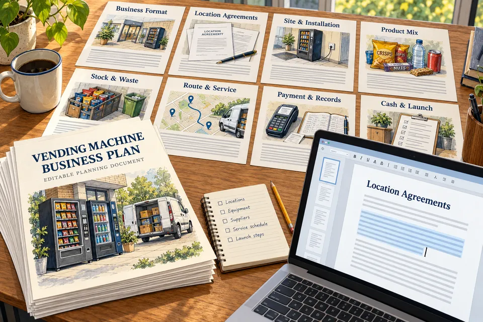 Conceptual editable vending business manuscript with format, location agreements, site and installation, product mix, stock and waste, route service, payment records and cash and launch sections beside a document editor with selected text, a caret and page thumbnails.