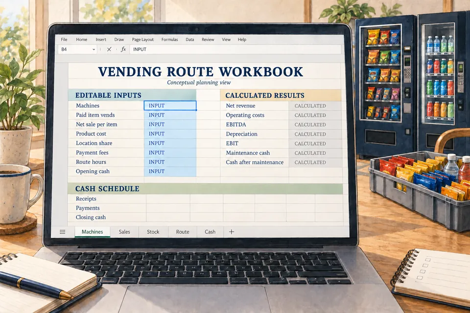 Conceptual editable vending route spreadsheet connecting machines, paid item vends, net sale per item, product costs, location share, payment fees, route hours and opening cash with operating results and cash planning; cells display input or calculated labels without financial amounts or charts.