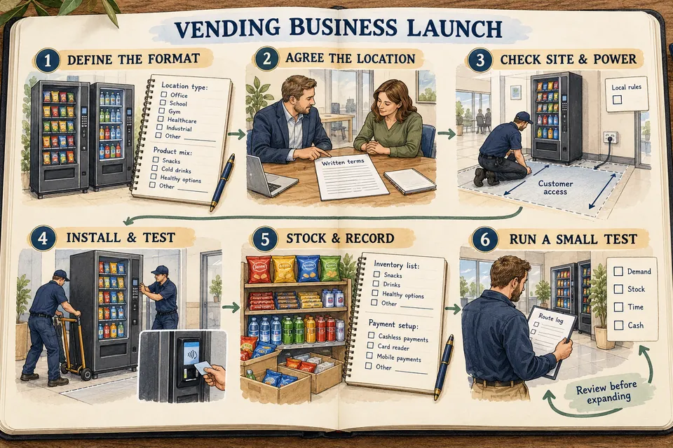Six-stage vending launch planning map covering format, written location terms, site and power checks, installation and payment tests, stock records and a small operating test before expansion.