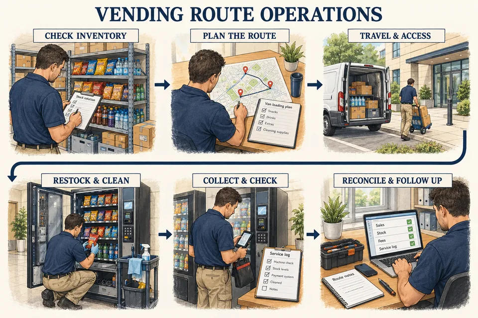 Conceptual six-stage vending route workflow showing inventory checks, route planning, safe travel and access, restocking and cleaning, payment and machine checks, then reconciliation and service follow-up.
